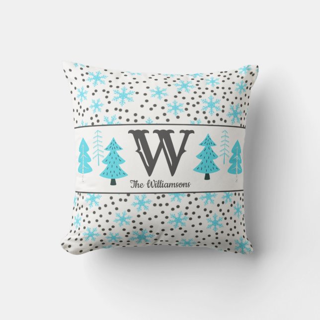 Coussin Hiver Gris Arbres Turquoises Snowflakes Points Mon (Recto)