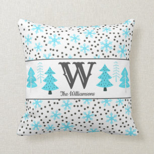Coussin Hiver Gris Arbres Turquoises Snowflakes Points Mon