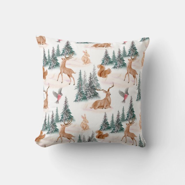 Coussin Hiver Merveilles Bois Animaux Noël (Recto)
