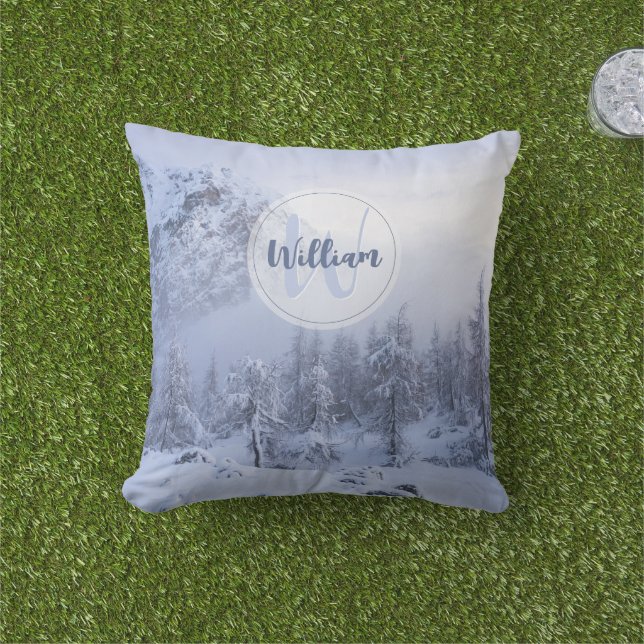 Coussin Hiver merveilleux brouillard épinette forêt neige  (Herbe)
