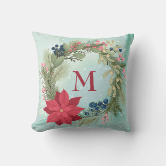 Coussin Hivernal fleuri rustique couronne poinsettia monog