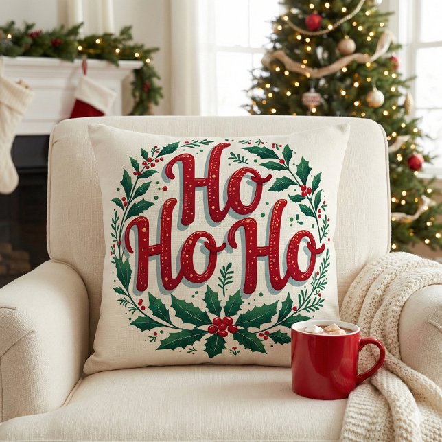 Coussin Ho Ho Ho Christmas Wreath Typography Design (Ho Ho Ho Christmas Wreath Typography Design Throw Pillow Mockup A)