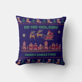 Coussin Ho-Ho-Holiday Bleu Marine Père Noël Traîneau Noël 