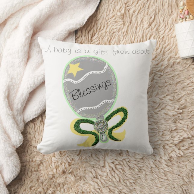 Coussin Hochet bébé argent étoile jaune ruban vert bénédic (Couverture)