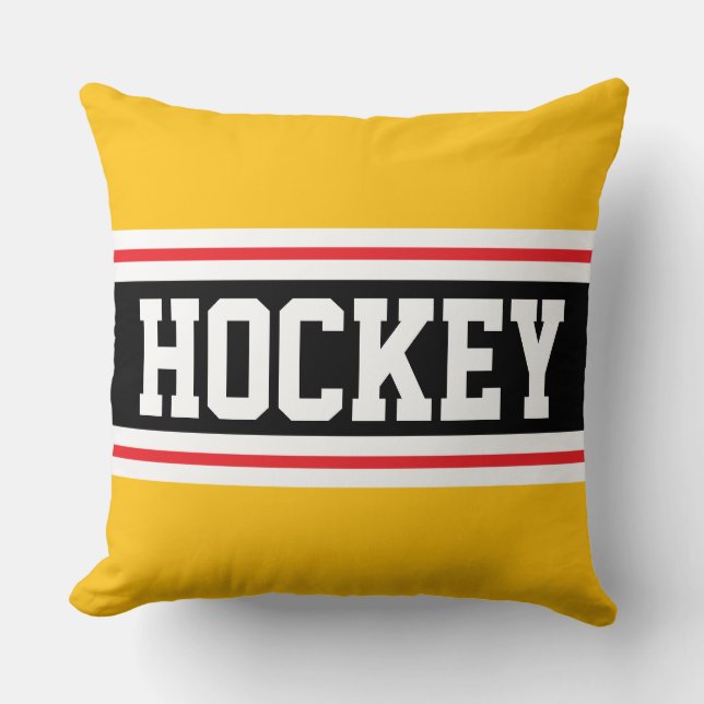 Coussin HOCKEY Rouge vif Jaune Orange Noir Rayures (Recto)