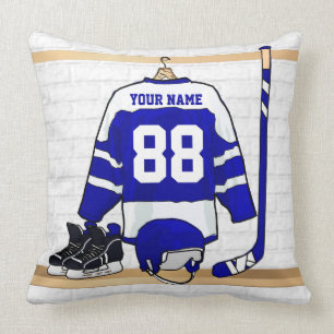 Coussin Hockey sur glace bleu et blanc personnalisé Jersey