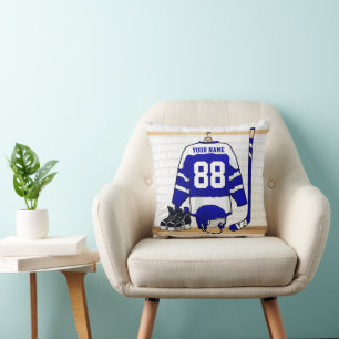 Coussin Hockey sur glace bleu et blanc personnalisé Jersey