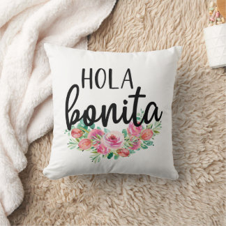 Coussin Hola Bonita Rose espagnol Typographie chic moderne