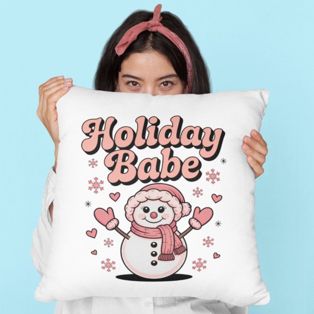 Coussin Holiday Babe Cute Pink Snowman (Créateur téléchargé)