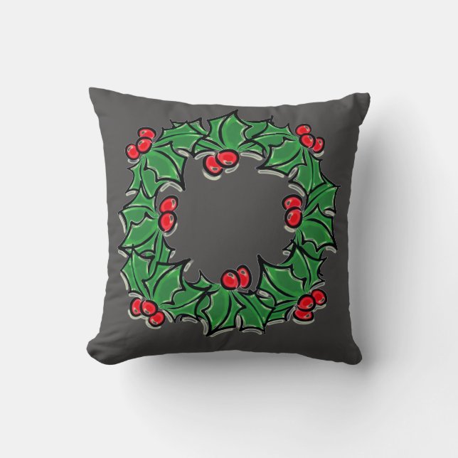 Coussin Holly Feuilles, Holly Berries, couronne de Noël (Recto)