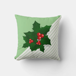 Coussin Holly Tree Berries Christmas Holiday Stripe