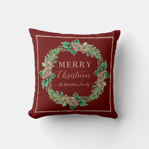 Coussin Holly Wreath Rose Gold Typographie Joyeux Noël