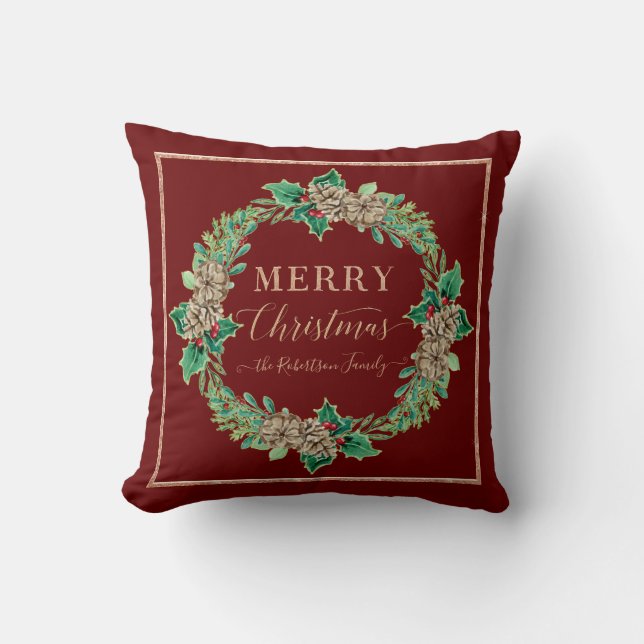 Coussin Holly Wreath Rose Gold Typographie Joyeux Noël (Recto)