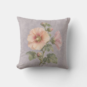 Coussin Hollyhocks Rose Pêche Aquarelle Botanique Lilas