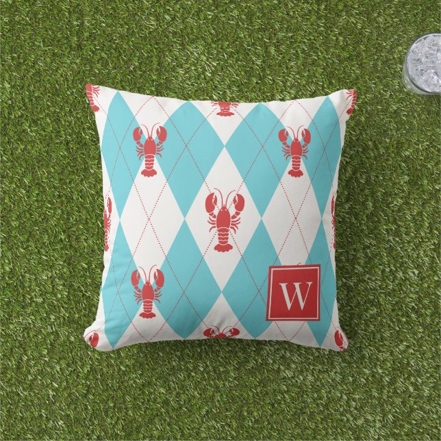 Coussin Homard Prépa Argyle Rouge & Turquoise Monogramme (Herbe)