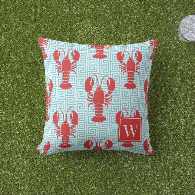 Coussin Homard Prépa Clé Grecque Rouge & Turquoise Monogra (Herbe)