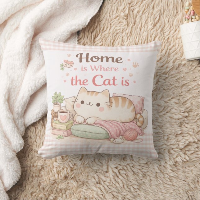 Coussin Home is Where The Cat Is Cute Kitty Pink Gingham (Couverture)