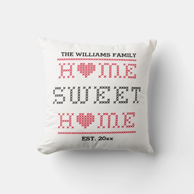 Coussin Home Sweet Home Cross Stitch Monogramme Noir et ro (Recto)