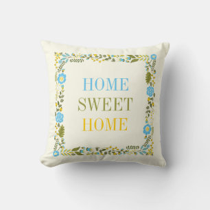 Coussin "HOME SWEET HOME" frontière florale aqua et jaune