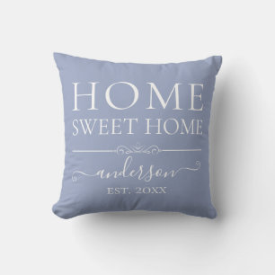 Coussin Home Sweet Home Nom de famille Année Bleu
