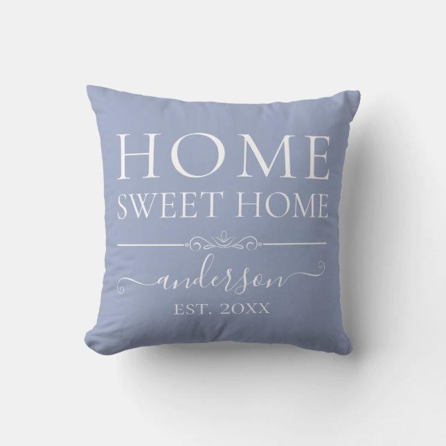Coussin Home Sweet Home | Nom de famille Année Bleu (Recto)