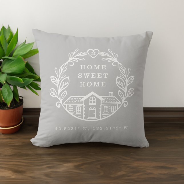 Coussin Home Sweet Home, Wreath Design & Coordonnées Grey (Home Sweet Home, Wreath Design & Coordinates Grey Throw Pillow)