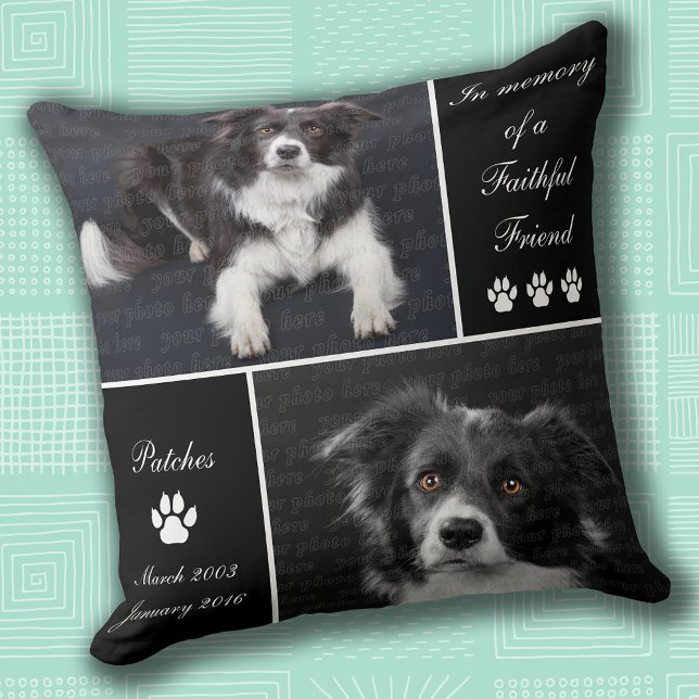 Coussin Hommage commémoratif à la photo de chien (Dog Photo Memorial Tribute Throw Pillow with photo and name templates)