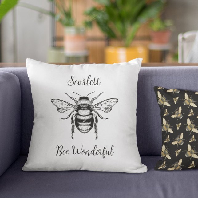 Coussin Honey Bee Black White Personnaliser (Créateur téléchargé)