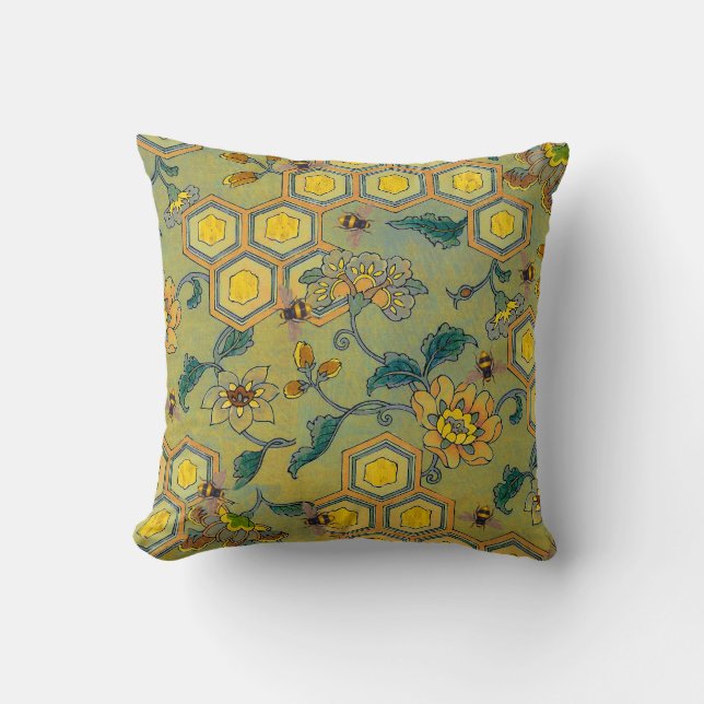 Coussin HONEY BEES, BEEHIVES, FLEURS DE PRINTEMPS Jaune Ve (Recto)