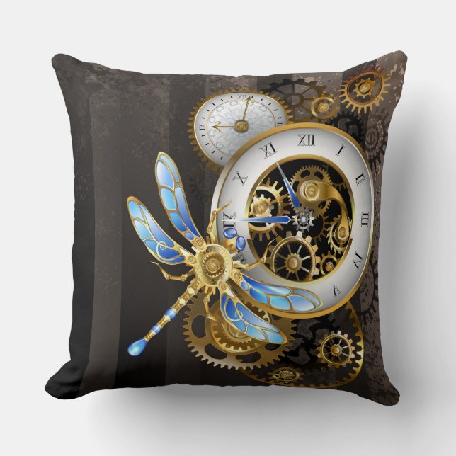 Coussin Horloge à vapeur avec libellule mécanique (Recto)
