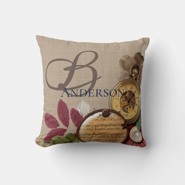 Coussin Horloge et fleurs de Steampunk de monogramme (Recto)