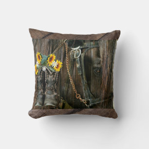 Coussin Horse Cowboy Boots Sunflowers Rustic Barque