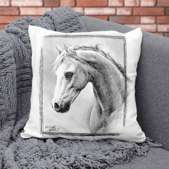 Coussin Horse Portrait Charbon Dessin Equine Art (Créateur téléchargé)