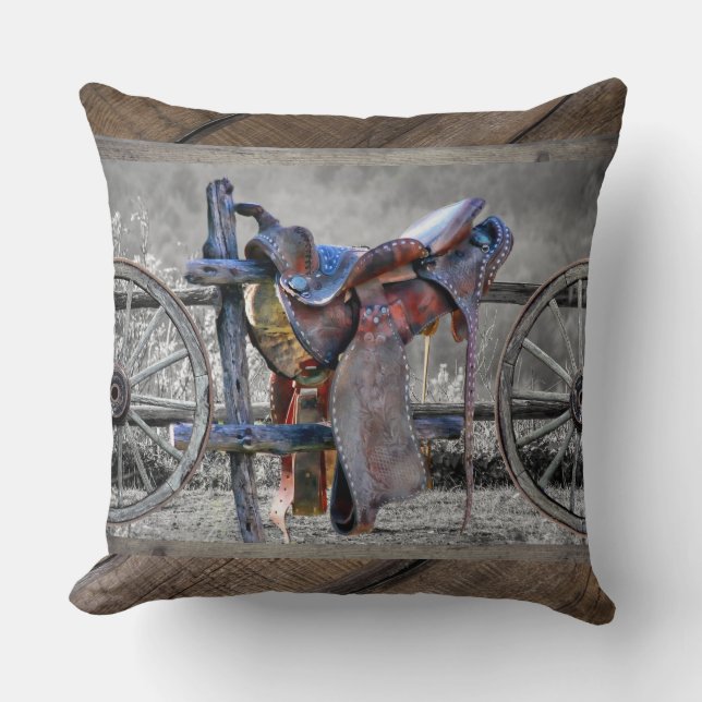 Coussin Horse Saddle Corral clôture Western Wagon Wheels  (Recto)
