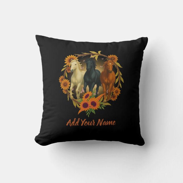 Coussin Horses and Sunflowers Throw Pillow (Recto)