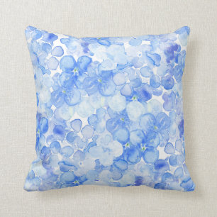 Coussin Hortensia bleu en pastel d'aquarelle de lavande