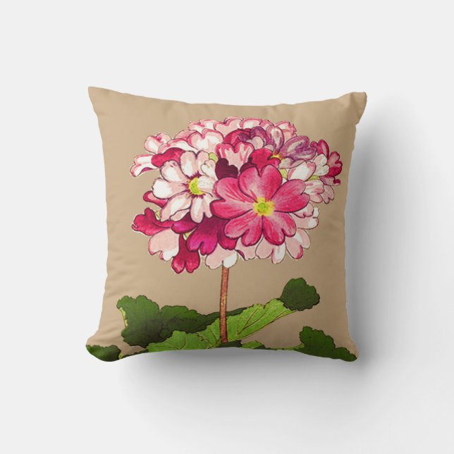 Coussin Hortensia japonais vintage. Rose et vert (Recto)
