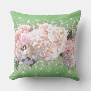 Coussin Hortensias romantiques blancs roses, fleurs blanch