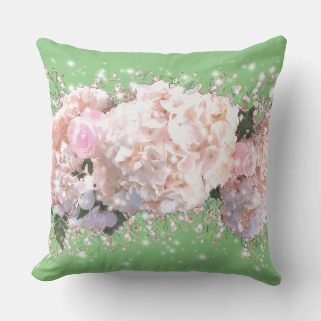 Coussin Hortensias romantiques blancs roses, fleurs blanch (Recto)