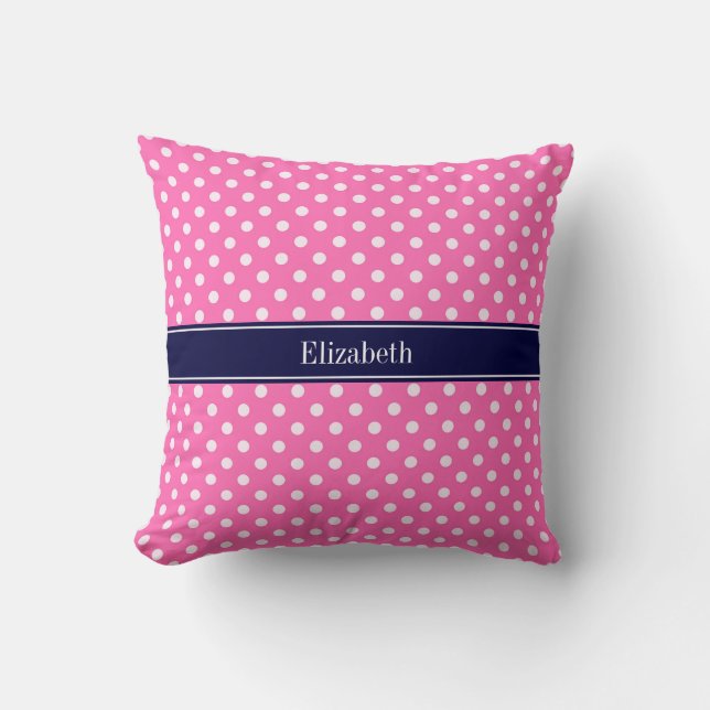 Coussin Hot Pink #2 Wht Polka Dots Navy Blue Name monogram (Recto)