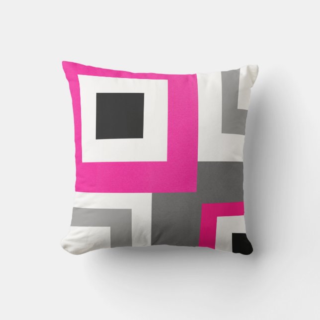Coussin Hot Pink Gray Black White Geometric Squares (Recto)