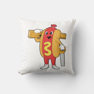 Coussin Hotdog as Carpenter with Saw & Wood