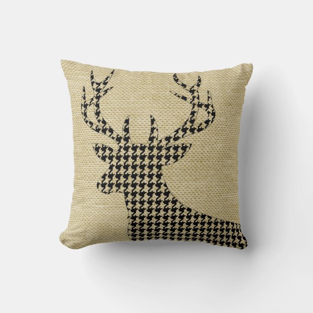 Coussin Houndstooth Deer Silhouette sur Burlap | blé (Recto)