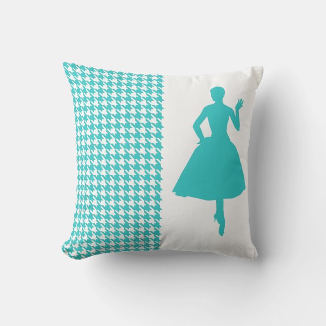 Coussin Houndstooth moderne turquoise avec Silhouette (Recto)
