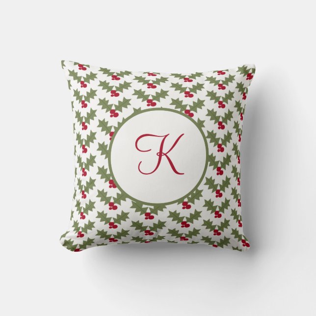 Coussin Houx de Noël avec monogramme Baies Rouges Feuilles (Recto)