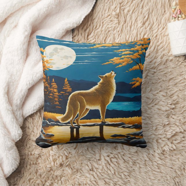 Coussin Howling Wolf Under a Pleine lune. (Couverture)