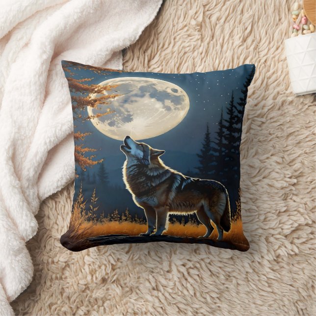 Coussin Howling Wolf Under a Pleine lune at Night (Couverture)