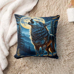 Coussin Howling Wolf Under Pleine lune.