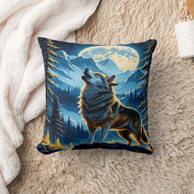 Coussin Howling Wolf Under Pleine lune in Mountain Landsca (Couverture)