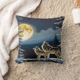 Coussin Howling Wolfs Under a Pleine lune en hiver